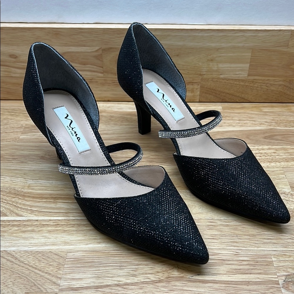 Nina 8.5 Black Glitter Brystol Black Metallic Crystal Band Women's Mid Heel Pump
